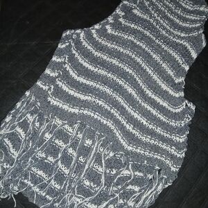 Free People Gray and White Fringe Folksong Sleeveless Crochet Sweatrr